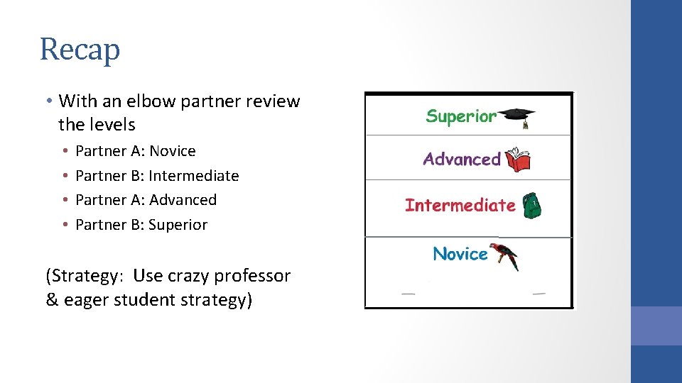Recap • With an elbow partner review the levels • • Partner A: Novice Recap • With an elbow partner review the levels • • Partner A: Novice