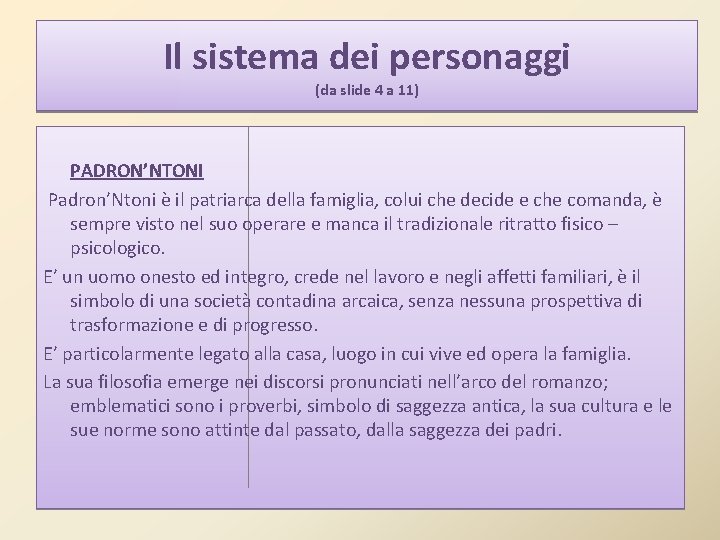 Il sistema dei personaggi (da slide 4 a 11) PADRON’NTONI Padron’Ntoni è il patriarca