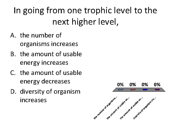 In going from one trophic level to the next higher level, A. the number