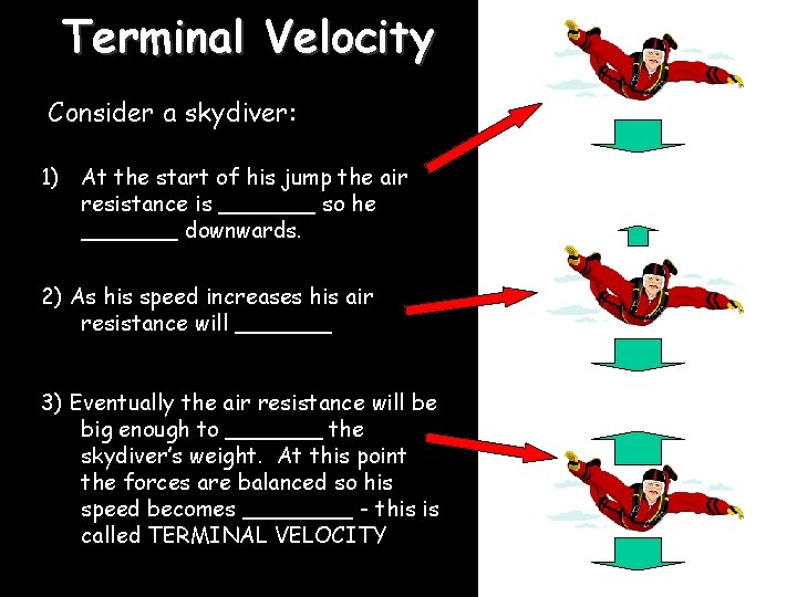 Terminal Velocity Consider a skydiver: 1) At the start of his jump the air