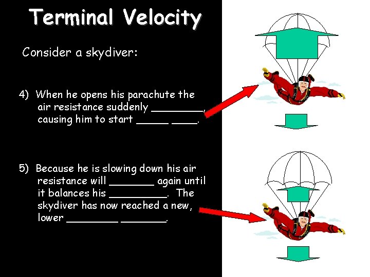Terminal Velocity Consider a skydiver: 4) When he opens his parachute the air resistance