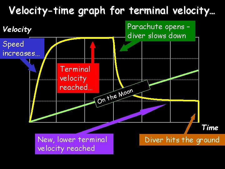 Velocity-time graph for terminal velocity… Parachute opens – diver slows down Velocity Speed increases…