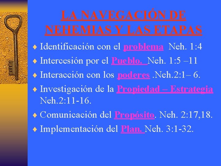 LA NAVEGACIÓN DE NEHEMIAS Y LAS ETAPAS ¨ Identificación con el problema Neh. 1: