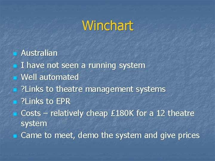 Winchart n n n n Australian I have not seen a running system Well