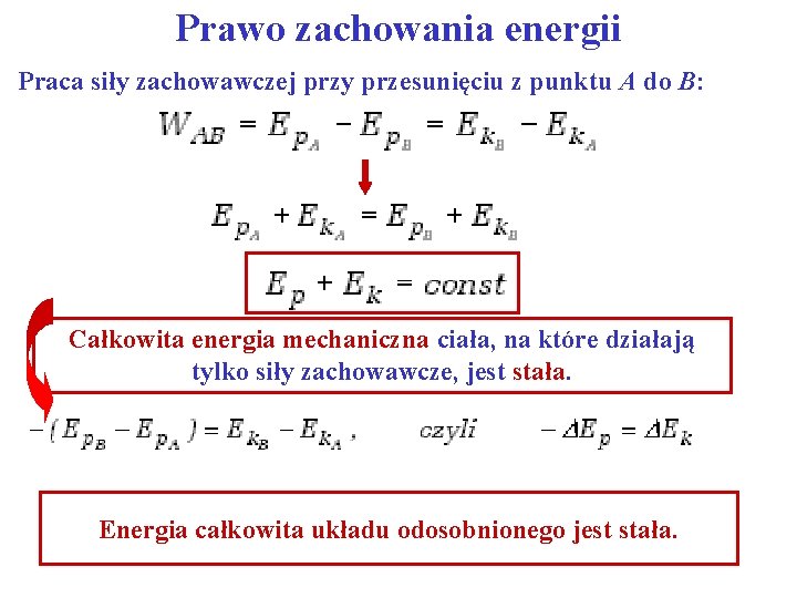 Prawo zachowania energii Praca siły zachowawczej przy przesunięciu z punktu A do B: Całkowita