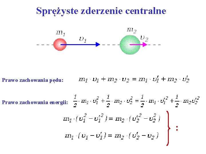 Sprężyste zderzenie centralne Prawo zachowania pędu: Prawo zachowania energii: : 