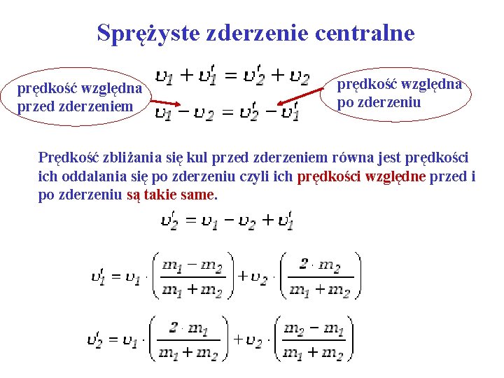 Sprężyste zderzenie centralne prędkość względna przed zderzeniem prędkość względna po zderzeniu Prędkość zbliżania się
