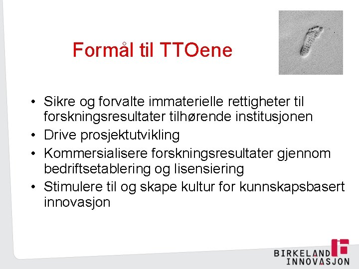 Formål til TTOene • Sikre og forvalte immaterielle rettigheter til forskningsresultater tilhørende institusjonen •