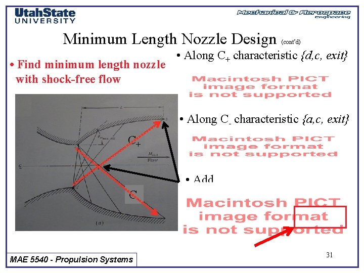 Minimum Length Nozzle Design • Find minimum length nozzle with shock-free flow (cont’d) •