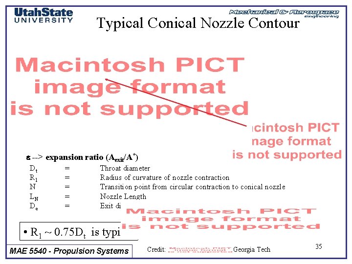 Typical Conical Nozzle Contour e --> expansion ratio (Aexit/A*) Dt R 1 N LN