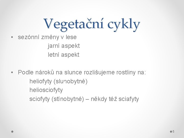 Vegetační cykly • sezónní změny v lese jarní aspekt letní aspekt • Podle nároků