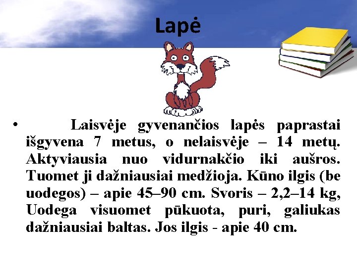 Lapė • Laisvėje gyvenančios lapės paprastai išgyvena 7 metus, o nelaisvėje – 14 metų.