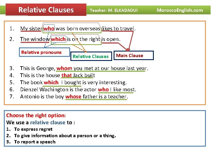 Relative Clauses Teacher: M. ELKADAOUI Morocco. English. com 1. My sister who was born