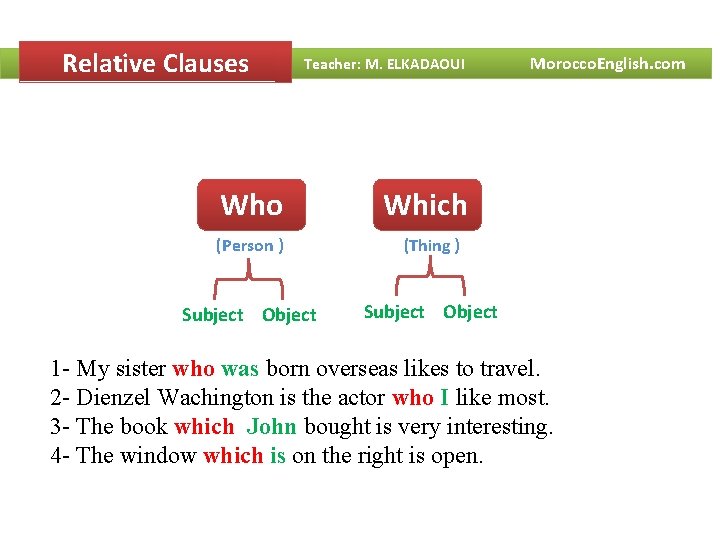 Relative Clauses Teacher: M. ELKADAOUI Morocco. English. com Who Which (Person ) (Thing )