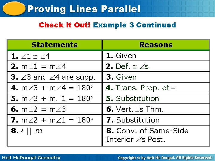 Proving Lines Parallel Check It Out! Example 3 Continued Statements Reasons 1. 1 4
