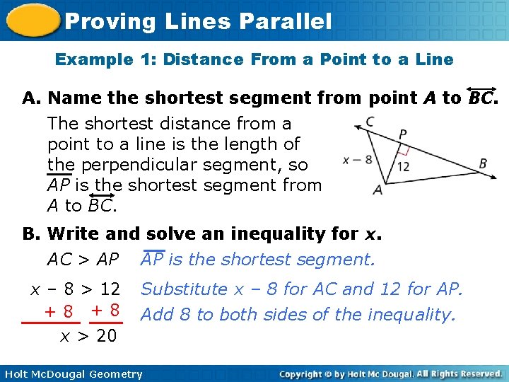 Proving Lines Parallel Example 1: Distance From a Point to a Line A. Name