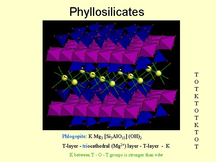 Phyllosilicates Phlogopite: K Mg 3 [Si 3 Al. O 10] (OH)2 T-layer - triocathedral