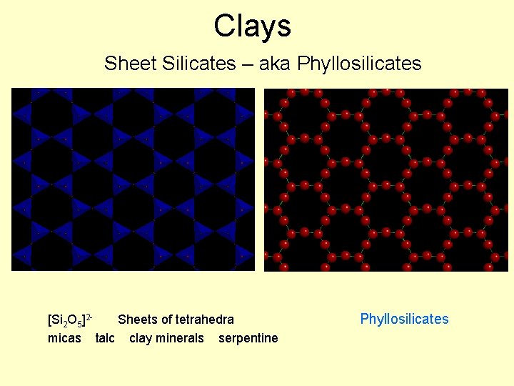 Clays Sheet Silicates – aka Phyllosilicates [Si 2 O 5]2 Sheets of tetrahedra micas