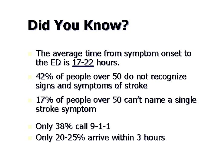 Did You Know? n The average time from symptom onset to the ED is