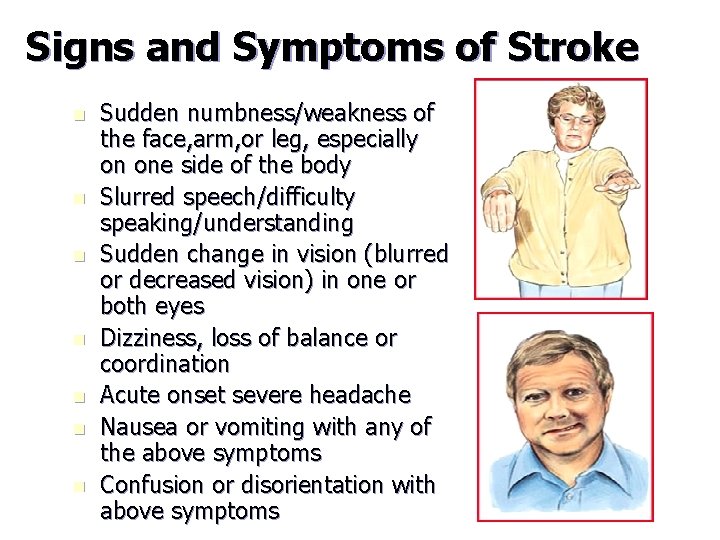 Signs and Symptoms of Stroke n n n n Sudden numbness/weakness of the face,