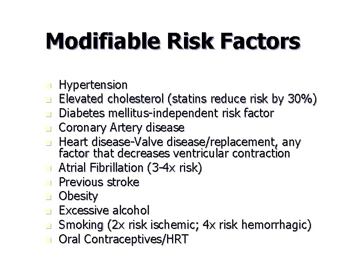 Modifiable Risk Factors n n n Hypertension Elevated cholesterol (statins reduce risk by 30%)