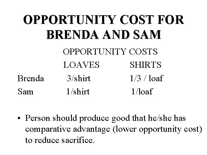 OPPORTUNITY COST FOR BRENDA AND SAM Brenda Sam OPPORTUNITY COSTS LOAVES SHIRTS 3/shirt 1/3