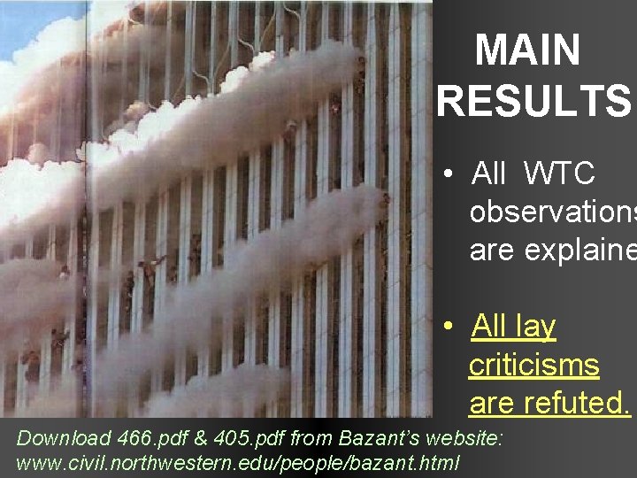 MAIN RESULTS • All WTC observations are explaine • All lay criticisms are refuted.