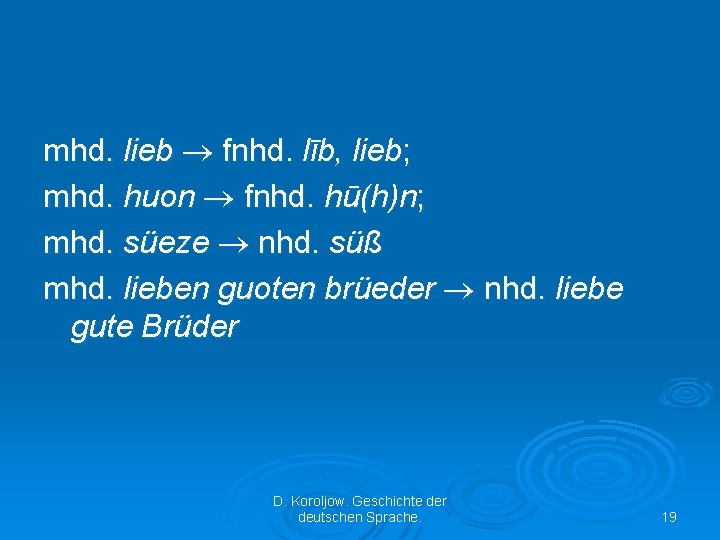 mhd. lieb fnhd. līb, lieb; mhd. huon fnhd. hū(h)n; mhd. süeze nhd. süß mhd.