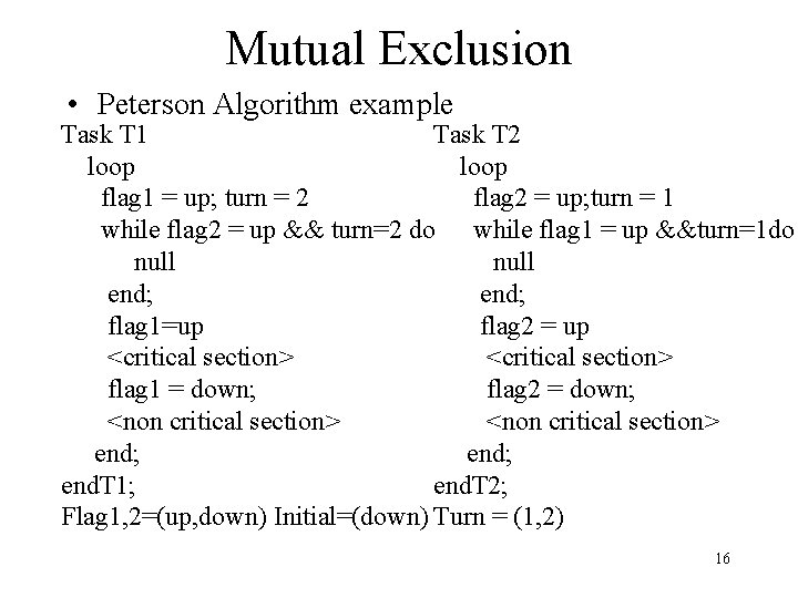 Mutual Exclusion • Peterson Algorithm example Task T 1 Task T 2 loop flag