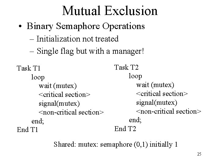 Mutual Exclusion • Binary Semaphore Operations – Initialization not treated – Single flag but