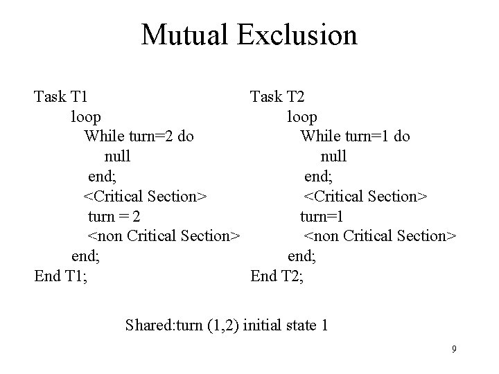 Mutual Exclusion Task T 1 Task T 2 loop While turn=2 do While turn=1
