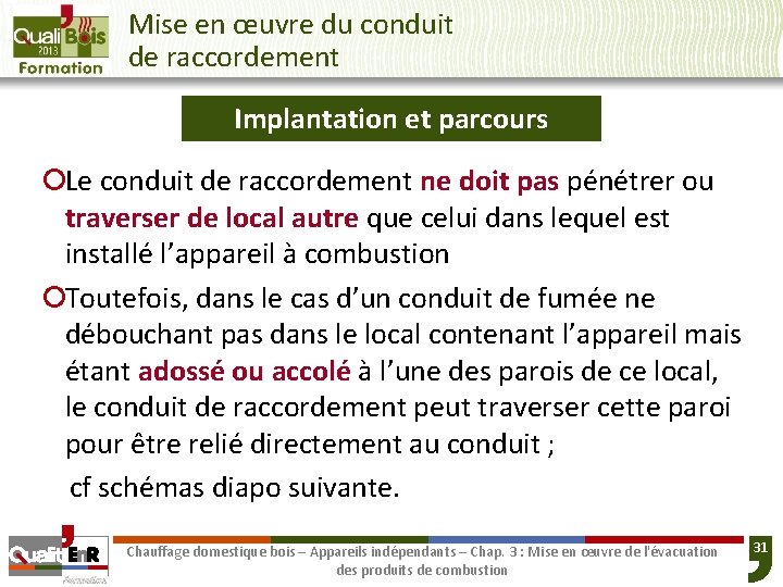 Mise en œuvre du conduit de raccordement Implantation et parcours ¡Le conduit de raccordement