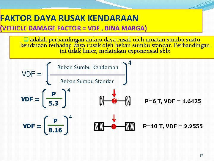 FAKTOR DAYA RUSAK KENDARAAN (VEHICLE DAMAGE FACTOR = VDF , BINA MARGA) q adalah FAKTOR DAYA RUSAK KENDARAAN (VEHICLE DAMAGE FACTOR = VDF , BINA MARGA) q adalah