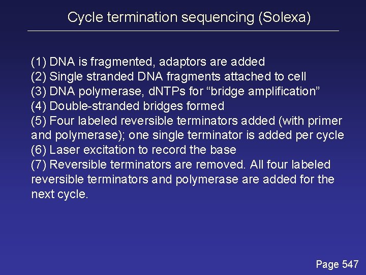 Cycle termination sequencing (Solexa) (1) DNA is fragmented, adaptors are added (2) Single stranded