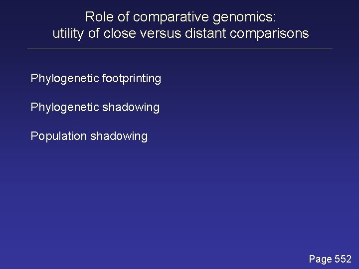 Role of comparative genomics: utility of close versus distant comparisons Phylogenetic footprinting Phylogenetic shadowing