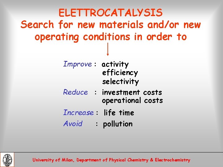 ELETTROCATALYSIS Search for new materials and/or new operating conditions in order to Improve :