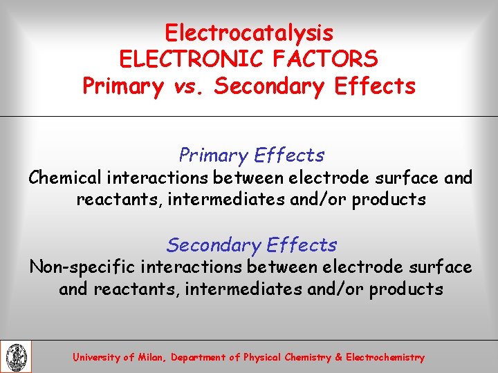 Electrocatalysis ELECTRONIC FACTORS Primary vs. Secondary Effects Primary Effects Chemical interactions between electrode surface