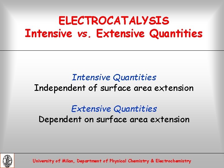 ELECTROCATALYSIS Intensive vs. Extensive Quantities Independent of surface area extension Extensive Quantities Dependent on