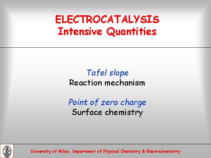 ELECTROCATALYSIS Intensive Quantities Tafel slope Reaction mechanism Point of zero charge Surface chemistry University