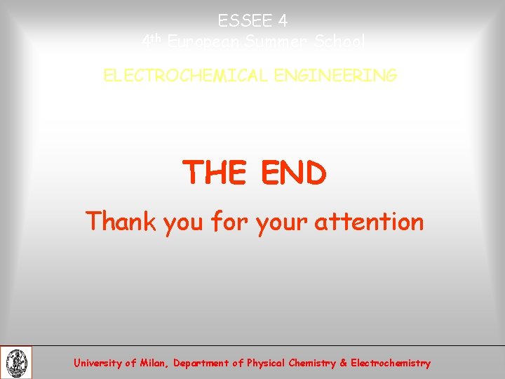 ESSEE 4 4 th European Summer School ELECTROCHEMICAL ENGINEERING THE END Thank you for