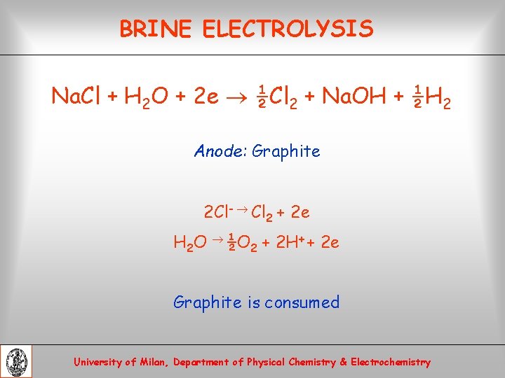 BRINE ELECTROLYSIS Na. Cl + H 2 O + 2 e ½Cl 2 +