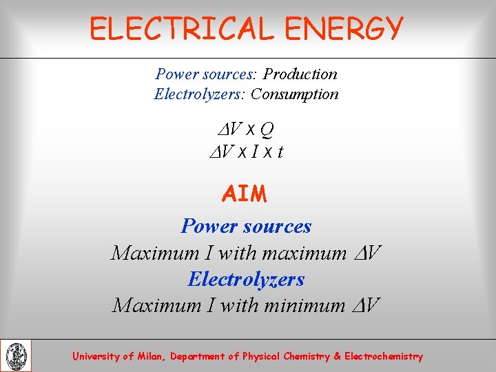 ELECTRICAL ENERGY Power sources: Production Electrolyzers: Consumption V x Q V x I x