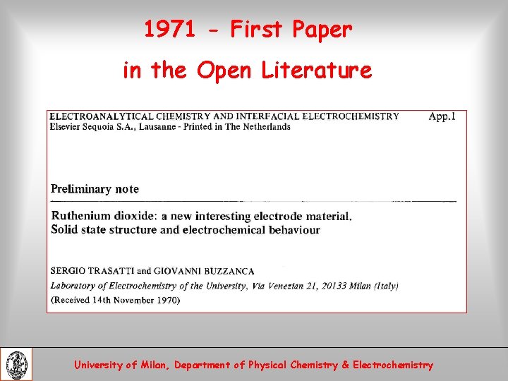 1971 - First Paper in the Open Literature University of Milan, Department of Physical