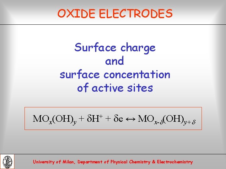 OXIDE ELECTRODES Surface charge and surface concentation of active sites MOx(OH)y + d. H+