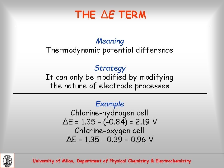 THE ΔE TERM Meaning Thermodynamic potential difference Strategy It can only be modified by