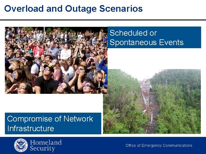 Overload and Outage Scenarios Scheduled or Spontaneous Events Compromise of Network Infrastructure Homeland Security