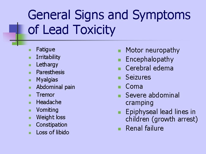 General Signs and Symptoms of Lead Toxicity n n n Fatigue Irritability Lethargy Paresthesis General Signs and Symptoms of Lead Toxicity n n n Fatigue Irritability Lethargy Paresthesis