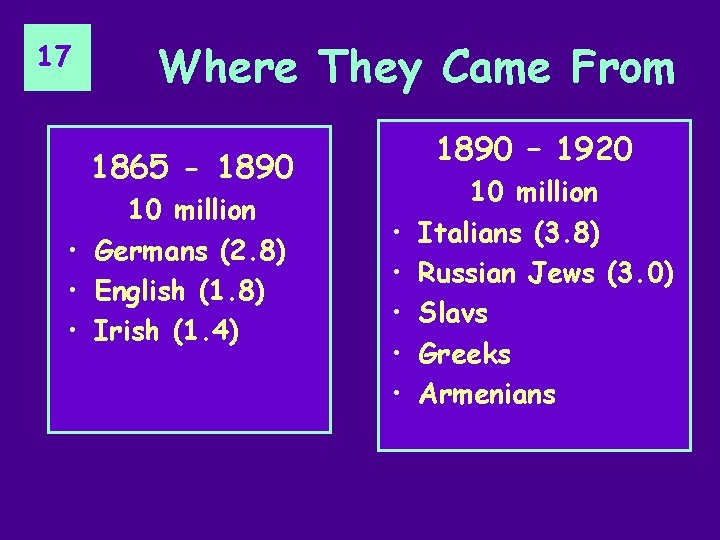 17 Where They Came From 1890 – 1920 1865 - 1890 10 million •