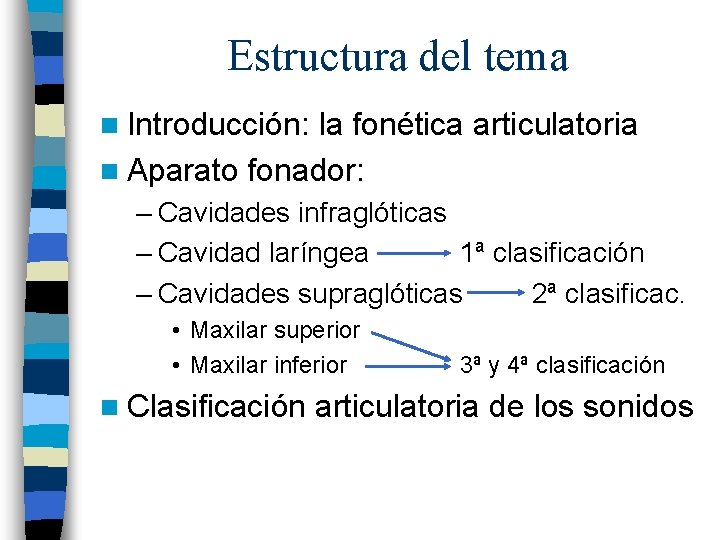 Estructura del tema n Introducción: la fonética articulatoria n Aparato fonador: – Cavidades infraglóticas