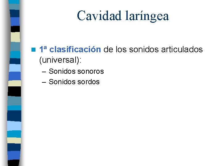 Cavidad laríngea n 1ª clasificación de los sonidos articulados (universal): – Sonidos sonoros –